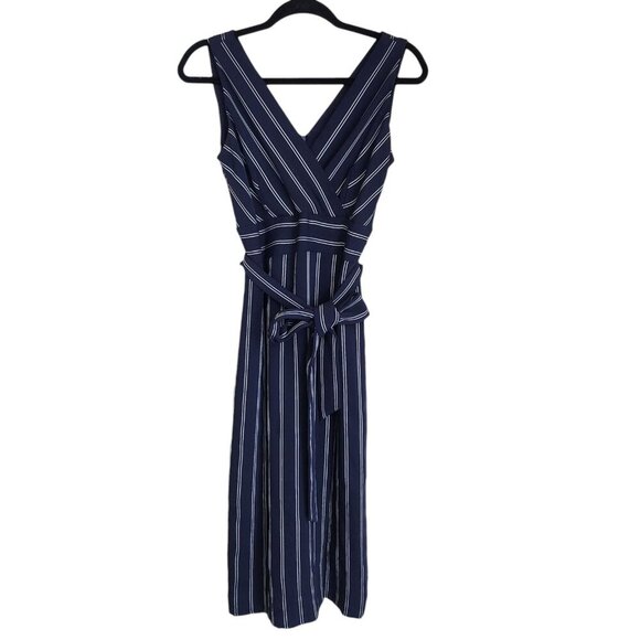 Antonio Melani Sleeveless Dress size 4 Navy Blue White Stripe Belted V Neck - Picture 12 of 12